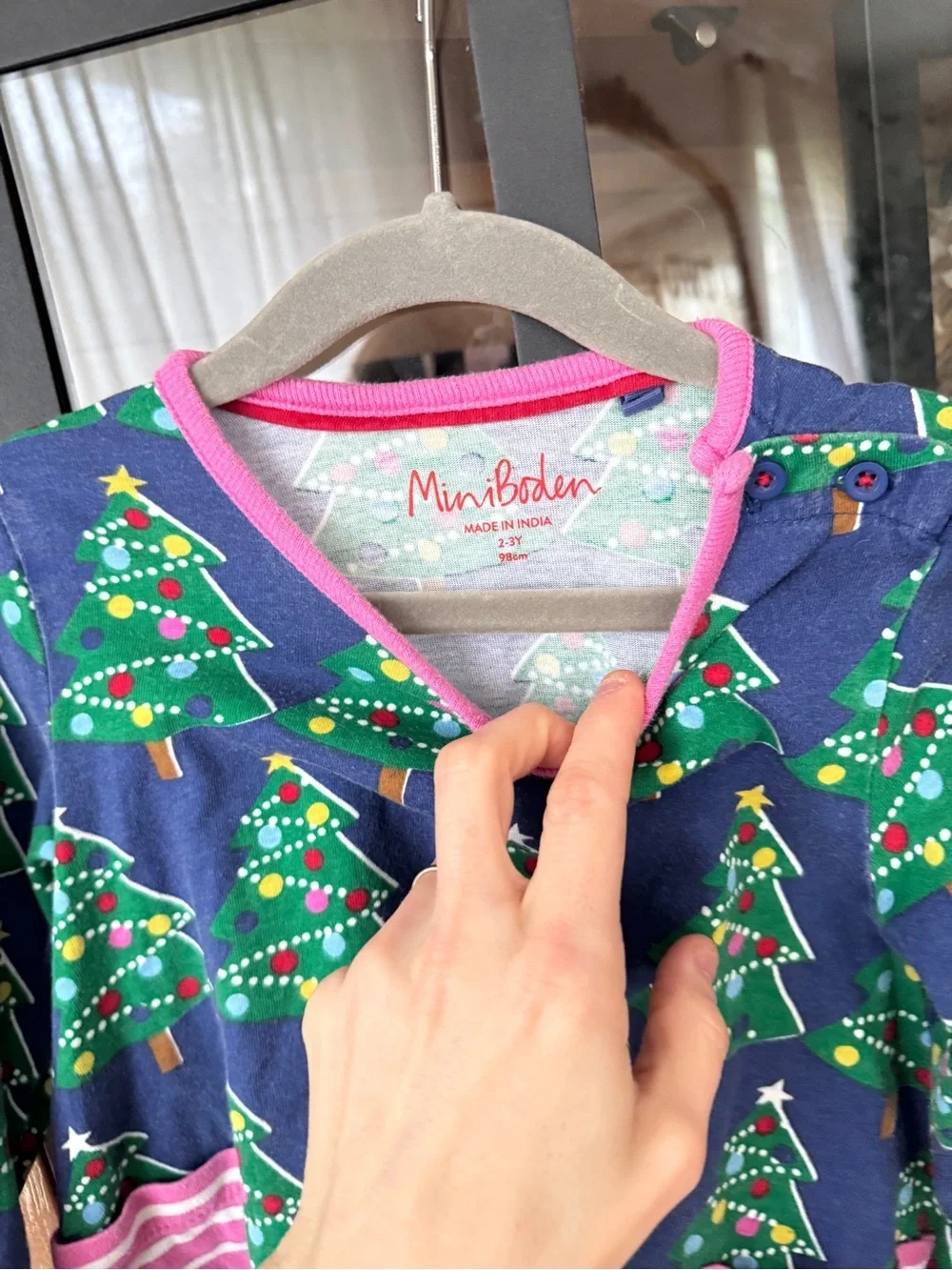 Mini Boden christmas trees dress long sleeve toddler girl navy striped pockets